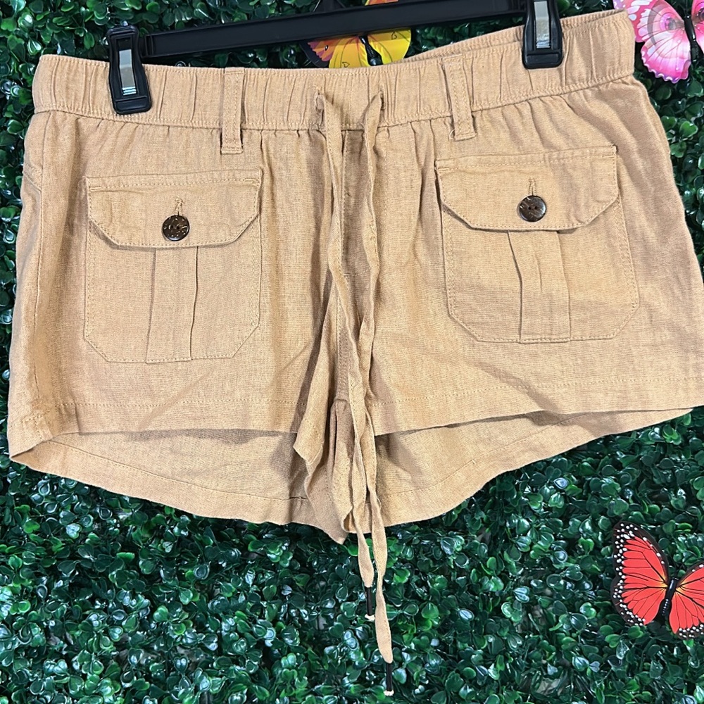 Tan Cargo Shorts with Elastic Waistband and Drawstring